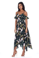Leaf Print Frill Detail Maxi Dress