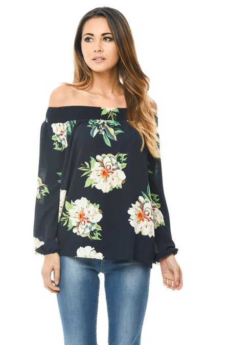 Navy Off The Shoulder Floral Top