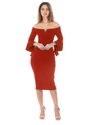 Red Notch Front Frill Sleeve Midi Dress