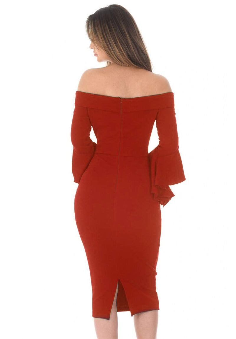 Red Notch Front Frill Sleeve Midi Dress