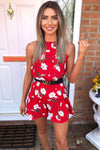 Red Floral Printed Playsuit