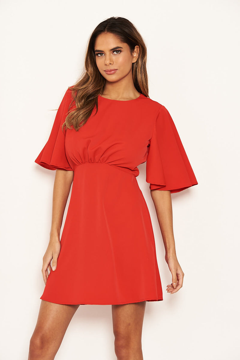 Red Gathered Waist Skater Dress