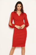 Red Split Sleeve Ruched Bodycon Dress