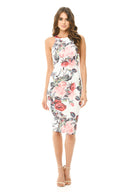 Sleeveless Bodycon Midi Dress with Rose Print