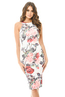Sleeveless Bodycon Midi Dress with Rose Print