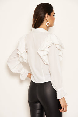 Cream Cropped Frill Sleeve Shirt