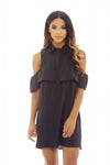 Black Ruffle Cold Shoulder Shirt Dress