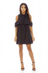 Black Ruffle Cold Shoulder Shirt Dress