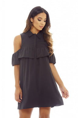 Black Ruffle Cold Shoulder Shirt Dress