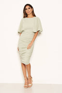 Sage Flared Sleeve Side Ruched Midi Dress