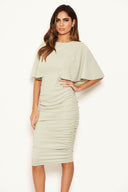 Sage Flared Sleeve Side Ruched Midi Dress