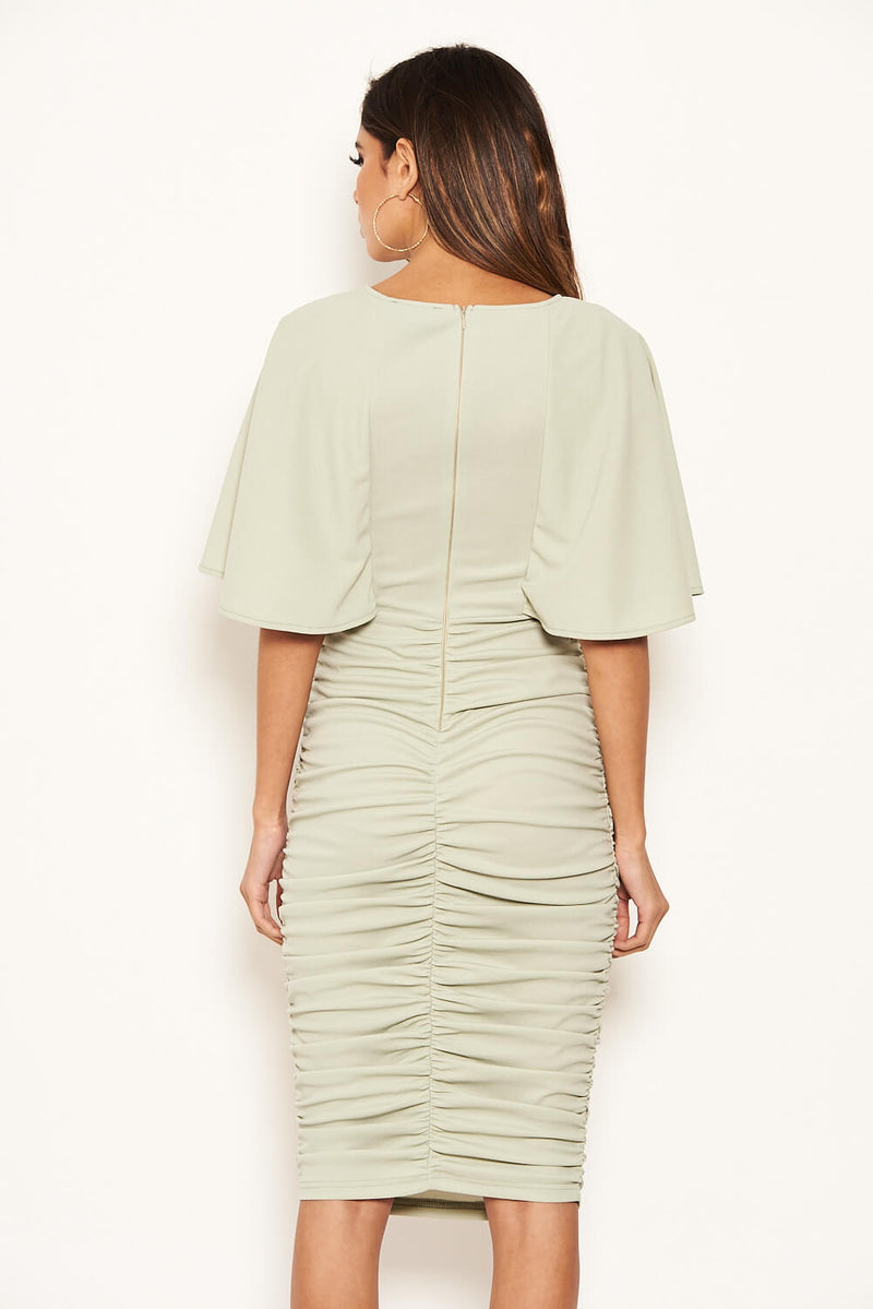 Sage Flared Sleeve Side Ruched Midi Dress