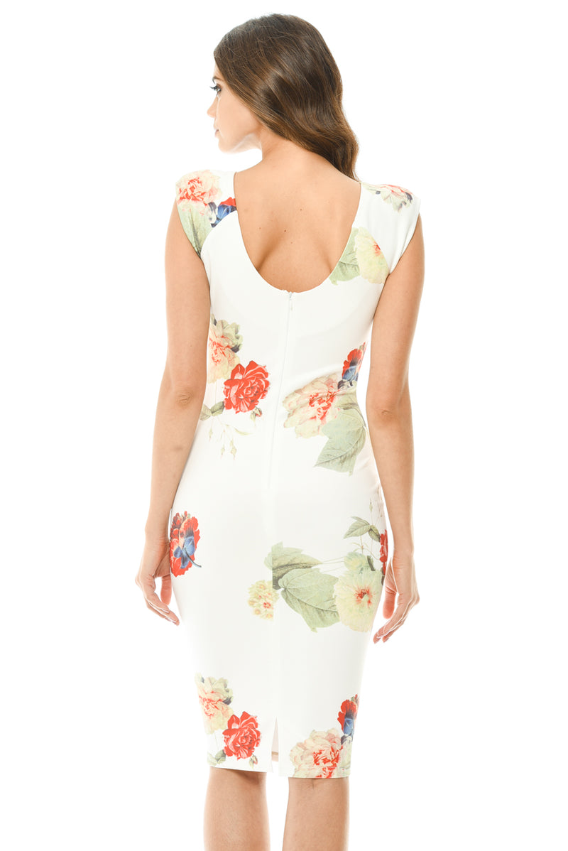 Capped Sleeve Cream Floral Midi Dress