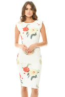 Capped Sleeve Cream Floral Midi Dress