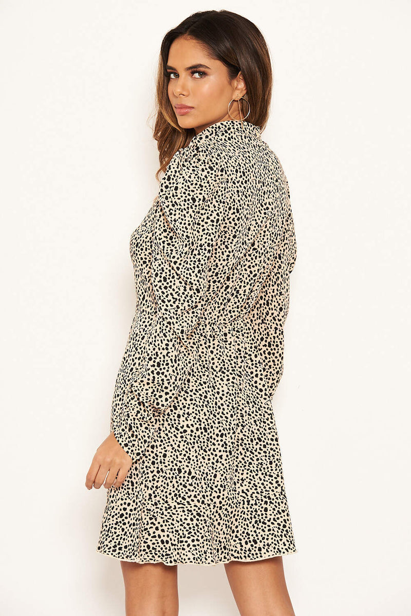 Stone Spotty Ruffle Sleeve Skater Dress