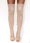 Nude Knee High Peep Toe Suede Heels