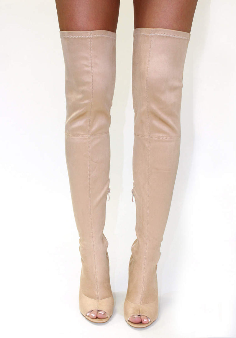 Nude Knee High Peep Toe Suede Heels