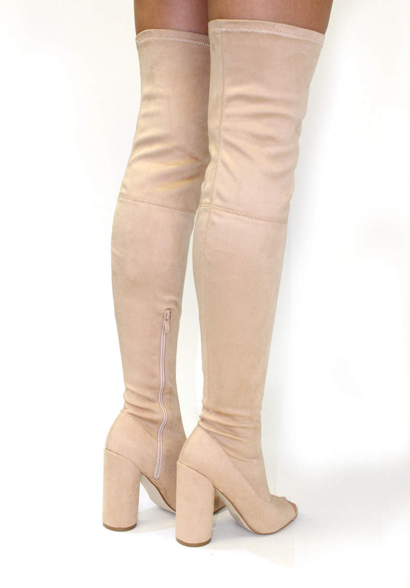 Nude Knee High Peep Toe Suede Heels