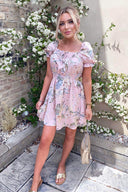 Pink Floral Milkmaid Puff Sleeve Dress