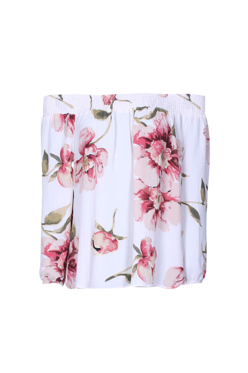 Cream Off The Shoulder Floral Top With Elastic Shoulder Detail