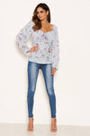 Blue Floral Long Sleeve Milk Maid Neckline Top