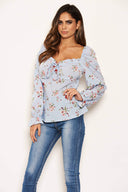 Blue Floral Long Sleeve Milk Maid Neckline Top