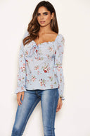 Blue Floral Long Sleeve Milk Maid Neckline Top