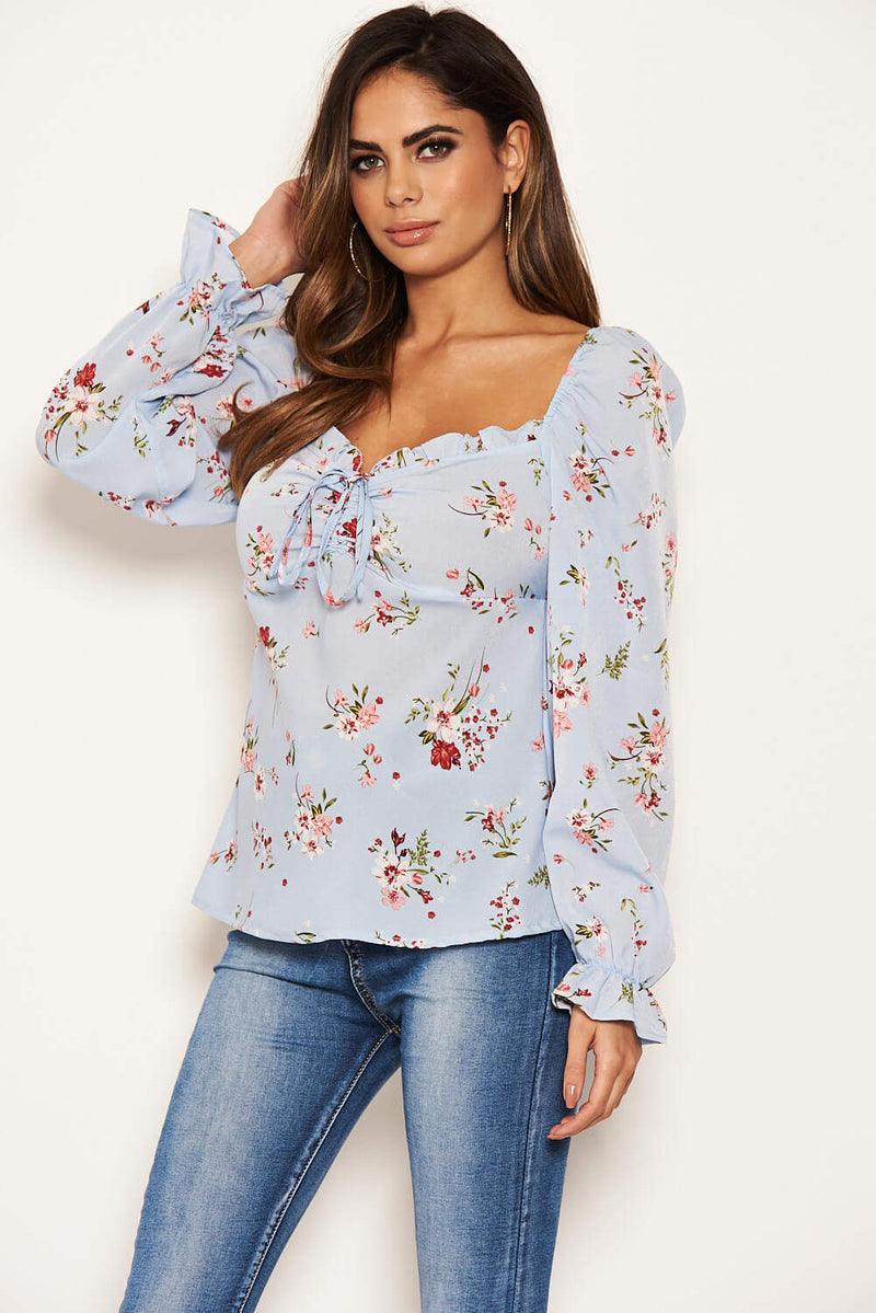 Blue Floral Long Sleeve Milk Maid Neckline Top