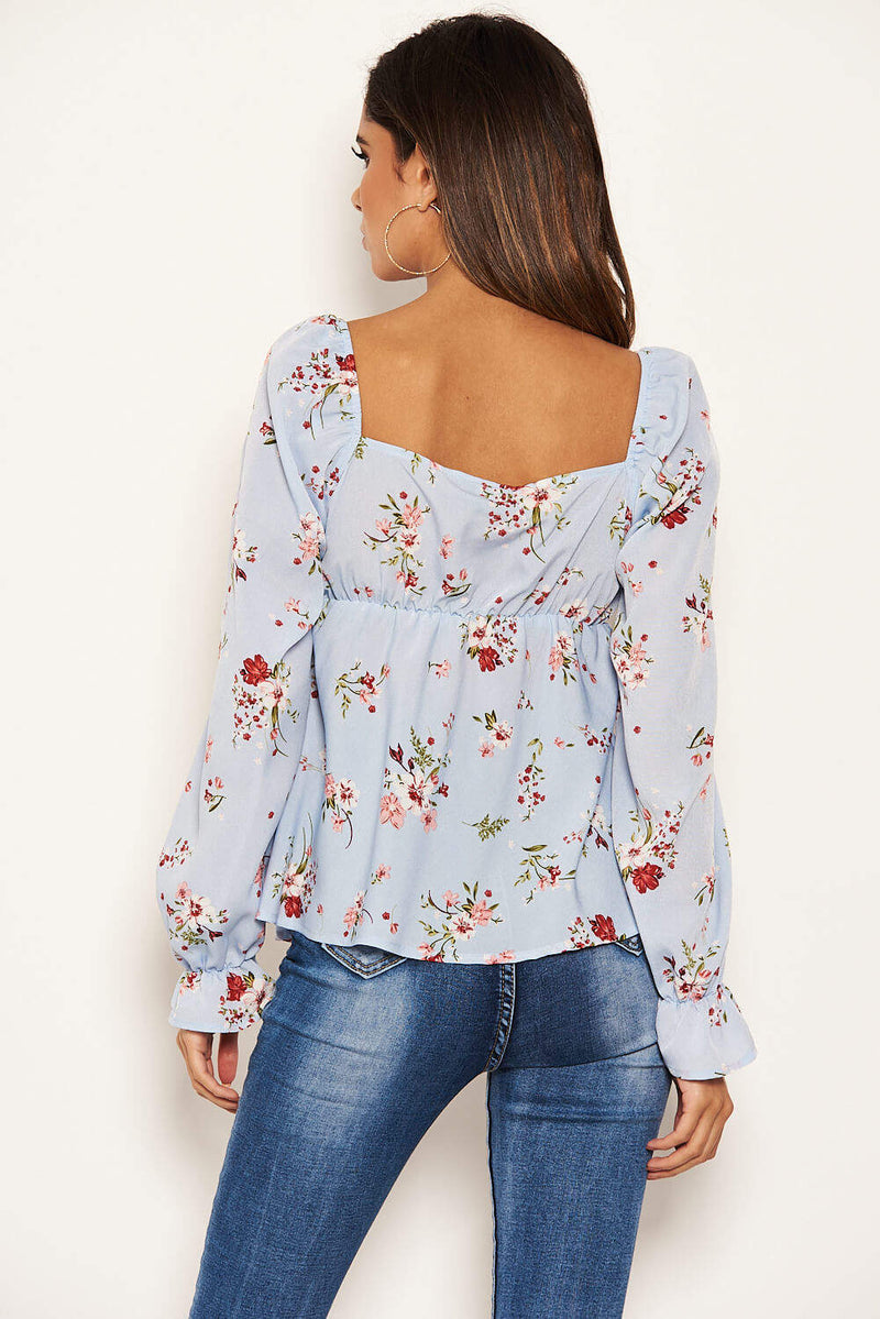 Blue Floral Long Sleeve Milk Maid Neckline Top