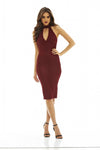 Red Wine Textured Midi Dress with Cut-Out Neck Detail