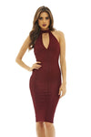 Red Wine Textured Midi Dress with Cut-Out Neck Detail