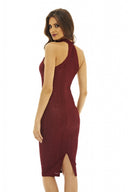 Red Wine Textured Midi Dress with Cut-Out Neck Detail