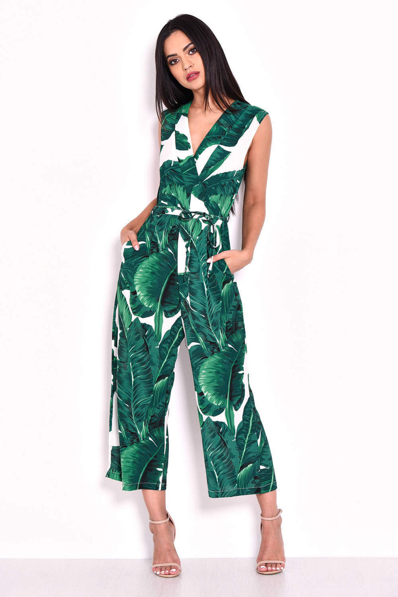 Tropical Print Jumpsuit With V-Neckline