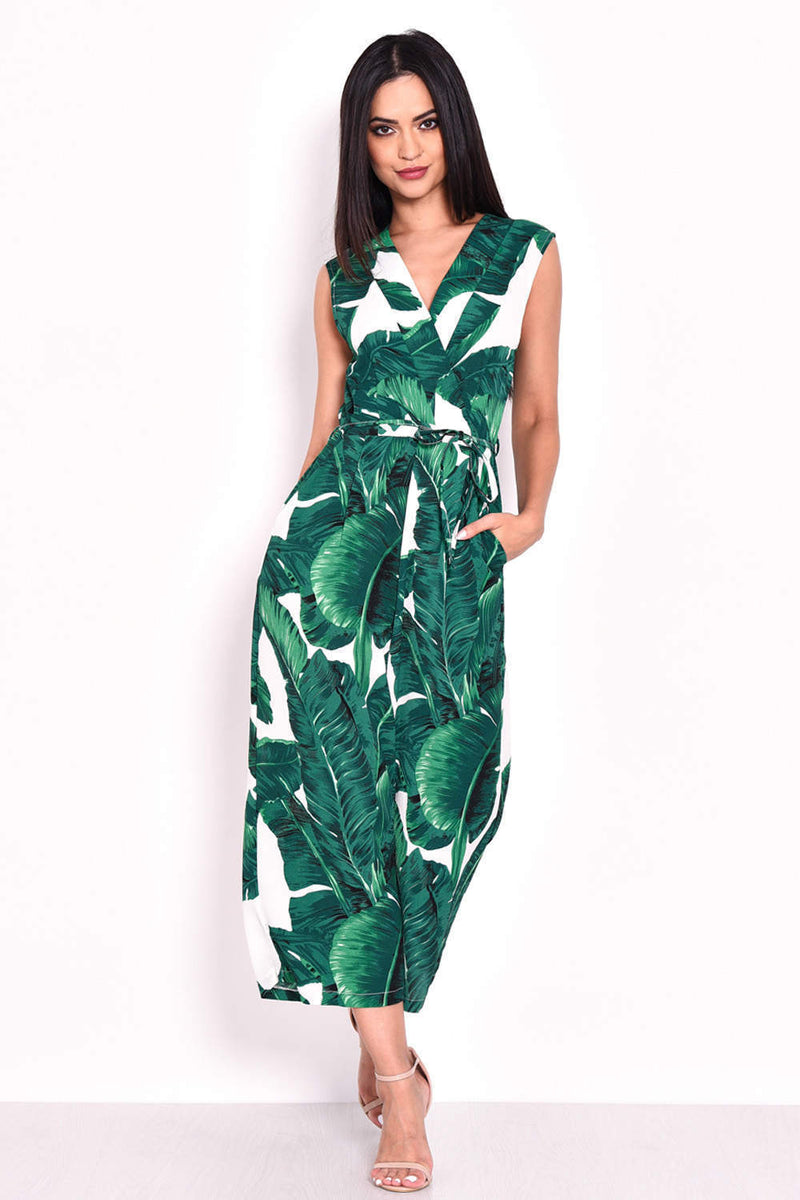 Tropical Print Jumpsuit With V-Neckline