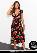 Black Floral Capped Sleeved Waterfall Dress