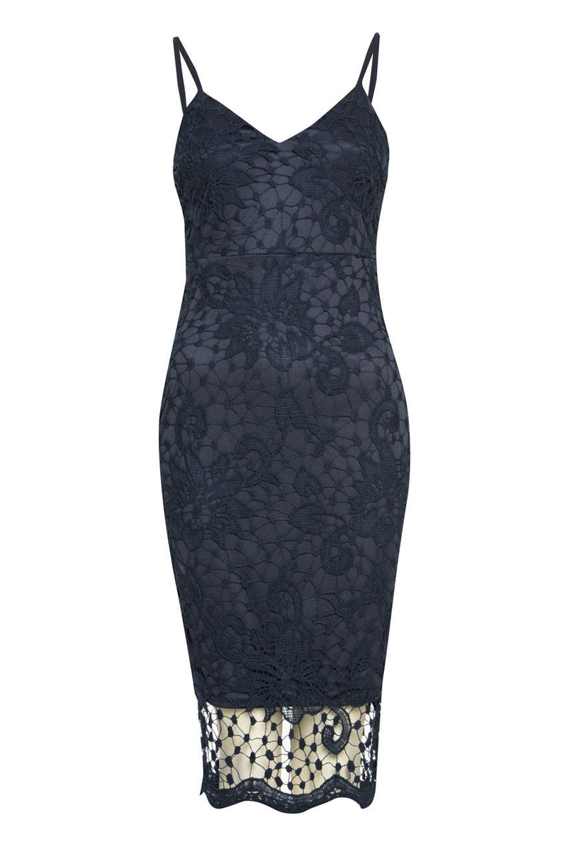 Navy Crochet Midi Dress With Spaghetti Straps