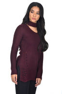 Wine Choker Ladder Cable Knit Jumper