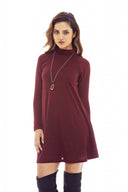 Red Wine Knitted Swing Dress with Turtle Neck Style
