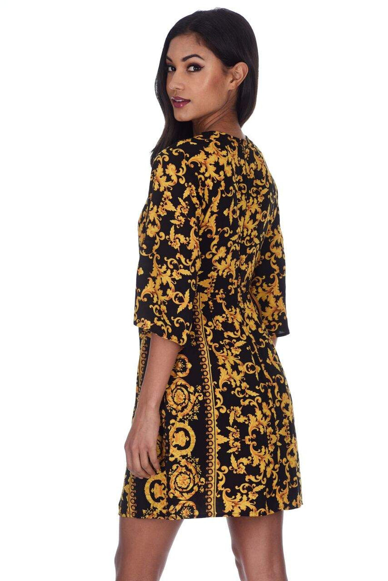 Black And Gold Patterned Shift Dress With Flared Sleeves