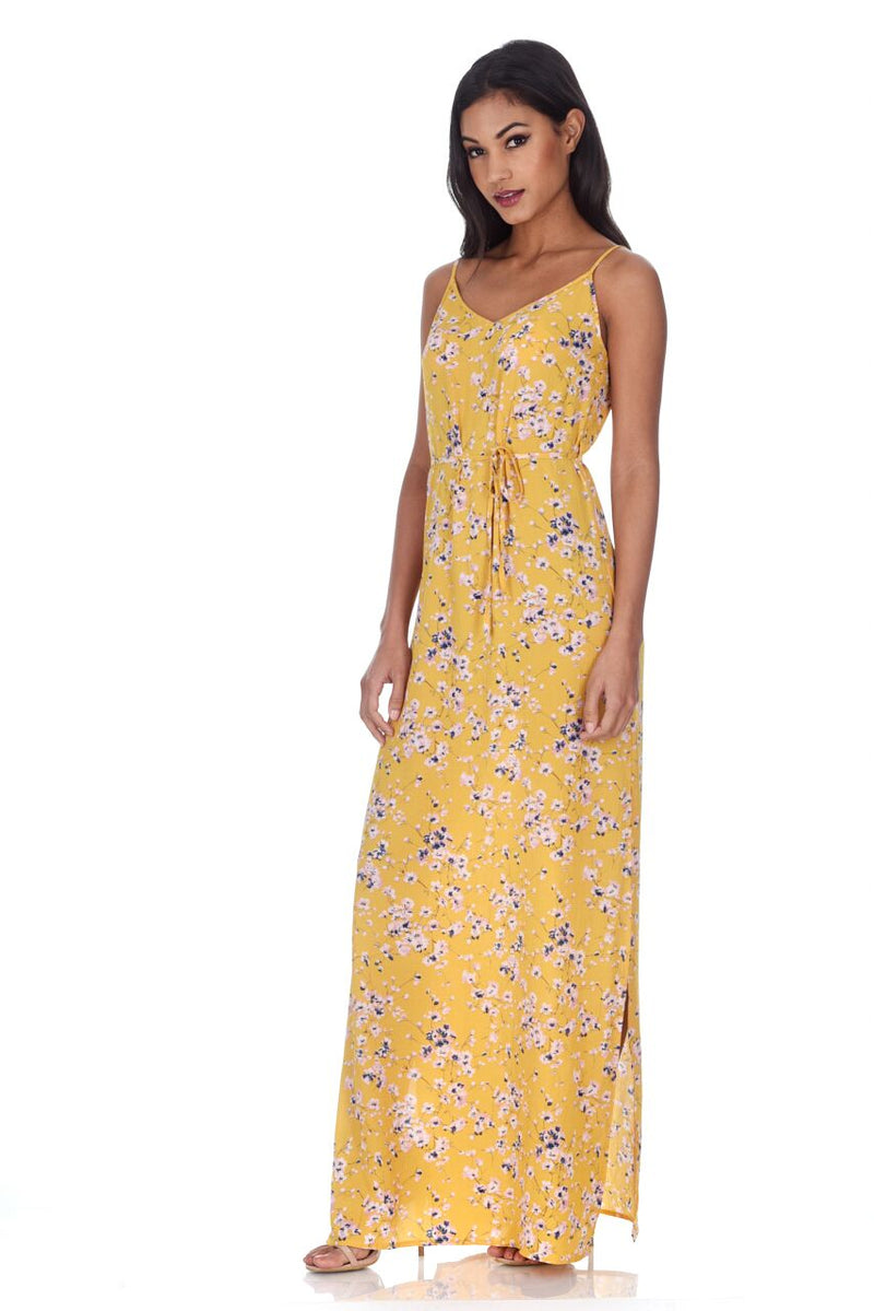 Yellow Floral Print Thigh Split Maxi Dress