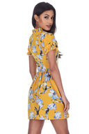 Yellow Floral Print Frill Detail Mini Dress